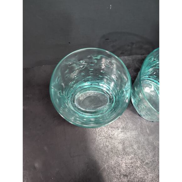Teal Green Blue Double Old Fashion Thick Etched Glasses, Set of 2,‎ Oval Base - Picture 6 of 9